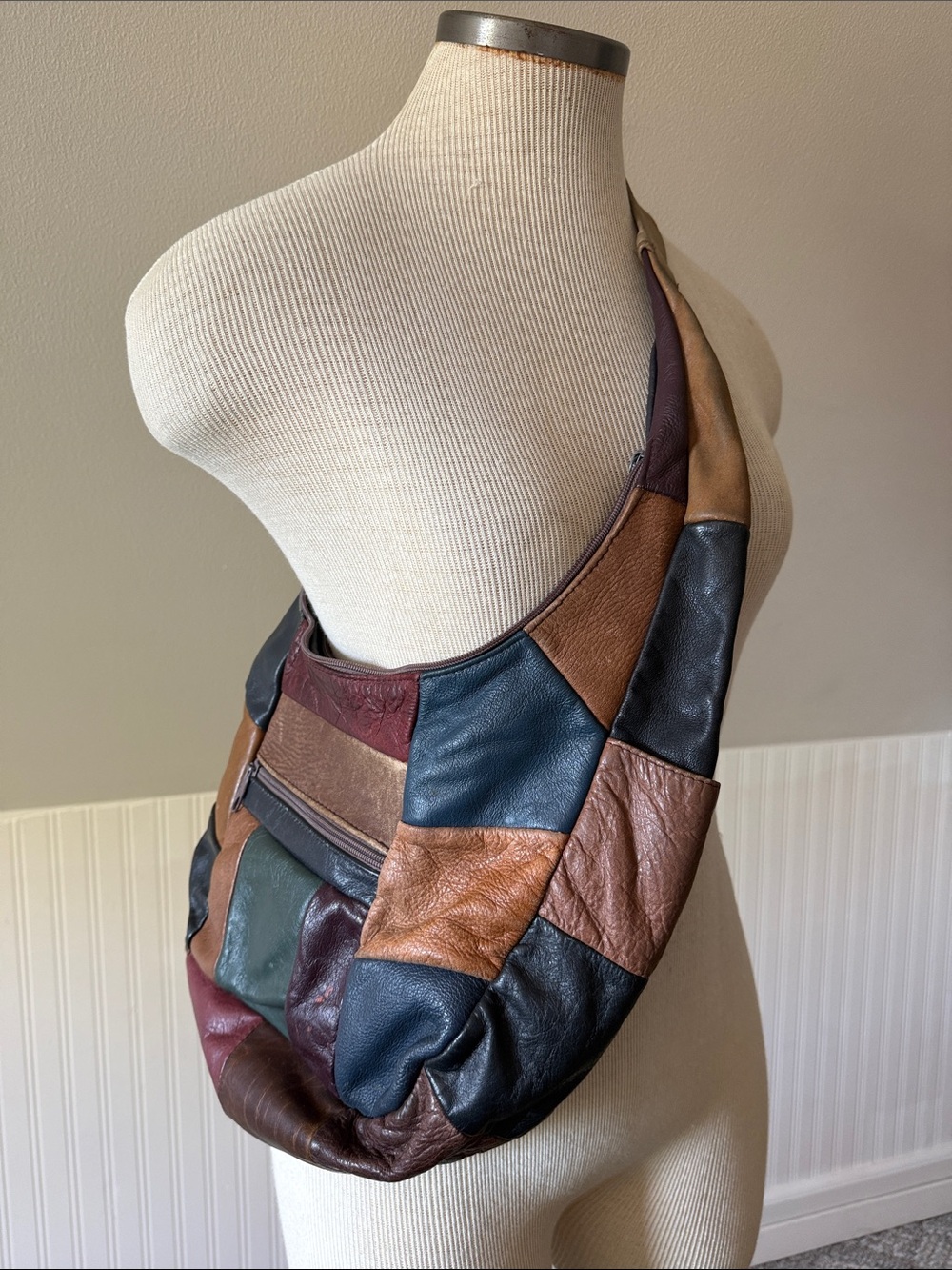Vintage Hippie Patchwork Leather Hobo Bag in Brown, Black, Teal & Burgundy as is